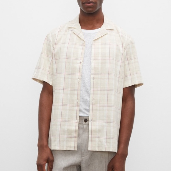 Short Sleeve Plaid Linen Shirt - Brand New - NEVER WORN - Tan Multi